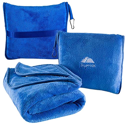 BlueHills Premium Soft Travel Blanket Pillow Airplane Blanket Packed in Soft Bag Pillowcase with Hand Luggage Belt and Backpack Clip, Compact Pack Large Plush for Any Travel (Royal Blue T003) - color: Royal-1pk-t003