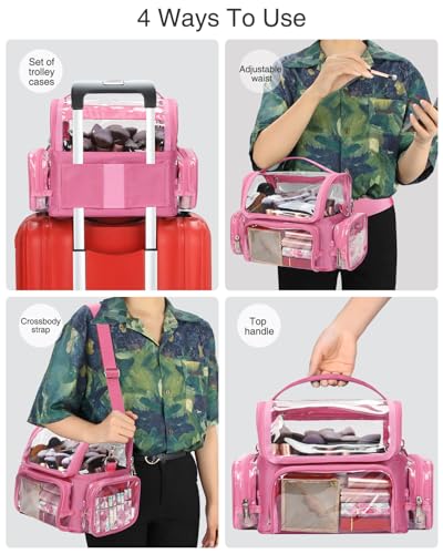 NAONAYA Pink Makeup Brush Bag, Large Makeup Brush Holder Professional Makeup Artist Travel Case Clear Waterproof Cosmetic Organizer Bag, Full Open Easy to Access, with Adjustable Strap and Dividers - color: pink, size: S