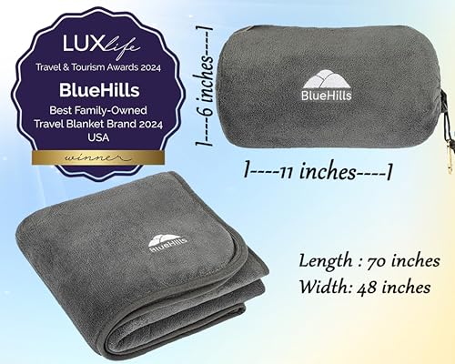 BlueHills Travel Blanket Pillow Rolled Premium Soft Plush Airplane Throw Traveling Essentials Compact in a Bag 70 X 48 inches for Long Plane Flight Portable Lightweight Grey Gray R01 - color: R01-gray