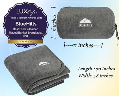 BlueHills Travel Blanket Pillow Rolled Premium Soft Plush Airplane Throw Traveling Essentials Compact in a Bag 70 X 48 inches for Long Plane Flight Portable Lightweight Grey Gray R01 - color: R01-gray