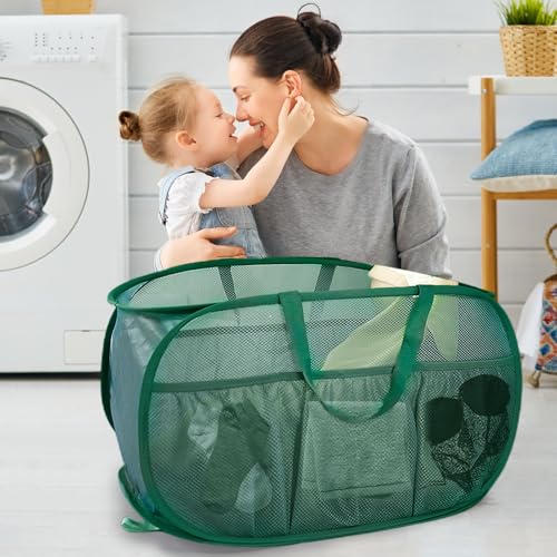 Collapsible Laundry Baskets, Upgrade Pop Up Laundry Hamper with Convenient Bags, Foldable Laundry Basket Mesh Light Weight, Easy to Carry Clothes Hampers for Laundry, Dorm, Toys, Travel Green - color: Green