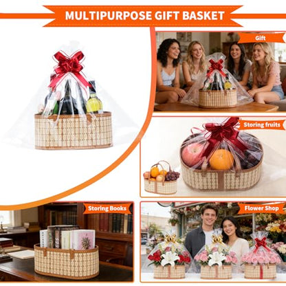 OCMML 2 Set Baskets for Gifts Empty, Foldable Bamboo Gift Basket Kit with Handles, Large Woven Empty Fruit Basket for Christmas, Housewarming, Birthday Party Fillers (13.8"X 7.9" X 6.0")