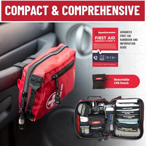 Surviveware 98 Pcs Comprehensive Premium Survival First Aid Kit - Medical Emergency Kit for Travel Camping Gear, Home Essentials & Outdoor Emergencies - HSA & FSA Eligible Survival Kit - style: Travel
