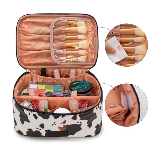 Montana West X Wrangler Travel Makeup Bag 2pcs Set Large Cosmetic Bag with Makeup Brush Holder Portable Make Up Organizer Cute Toiletry Bag with Divider and Handle for Women - color: Cow-Brown