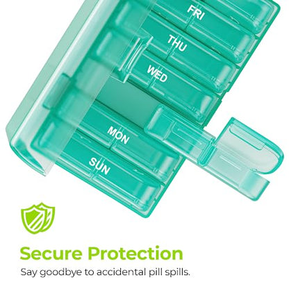 AUVON XL Weekly Pill Organizer 2 Times a Day, Pill Box 7 Day with One-Side Large Openings for Easy to Use, Cyan AM PM Pill Case for Medication, Vitamins, Fish Oils, Supplements - color: Cyan