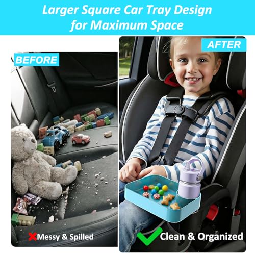 Car Seat Snack Tray for Kids, Mess-Free Square Travel Tray Cup Holder Snack Tray, Durable Car Food Tray for Toddlers, Universal Fit Kids Travel Road Trip Essentials (1, Sky Blue) - color: sky blue