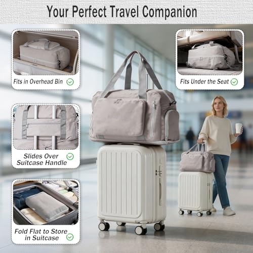 Travel Duffel Bag, 30–40L Expandable Weekender Bag with Shoe Compartment, Foldable Carry On Travel Bag with Wet Pocket and Matching Pouch - color: Grey