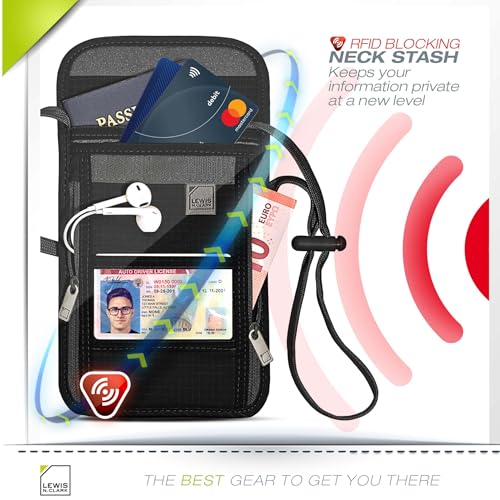 Lewis N. Clark RFID Blocking Stash Neck Wallet, Travel Pouch + Passport Holder for Women & Men, Black - color: Black