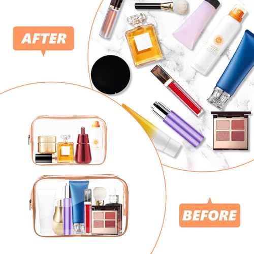 AURUZA 6 Pack Travel Toiletry Bag, Clear Makeup Bag, TSA Approved Cosmetic Bag with Zipper, Clear Organizer Carry on Bag for Women, PVC Cosmetic Pouch (Rose Pink, 6 Packs) - color: Rose Pink