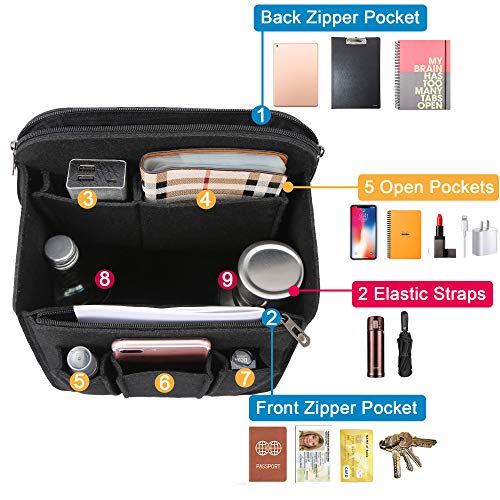 Yoillione Felt Backpack Organizer Insert for Women and Men, Large Travel Rucksack Insert with High Capacity, Lightweight Bag Organizer with Zipper Pockets - color: Black, size: Small
