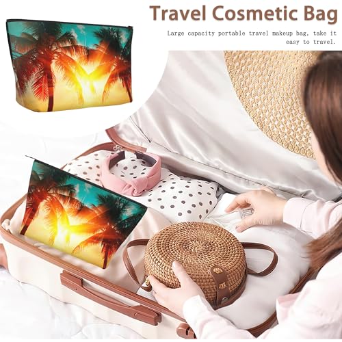 Tropical Palm Tree Makeup Bag Travel Cosmetic Bag for Women,Beach Sunset Small Make up Pouch Travel Bags for Toiletries Aesthetic Accessories Waterproof Gifts - color: Tropical Palm Tree