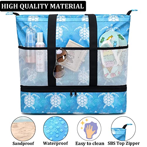 JIANYA Beach Bag Women Waterproof Sandproof Beach Tote Bags with Cooler Top Zipper Large Totes for Pool Travel Daily - color: Bubble Sea Turtle