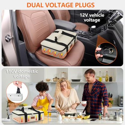 Food Warmer Electric Casserole Carrier - Large Heated Lunch Bag for Car Truck, 12V/24V/110V, Thermos for hot food for Potluck Cookouts Parties Picnic,Lasagna Lugger,Fits 9"x13" Baking Pan (Beige) - size: Beige