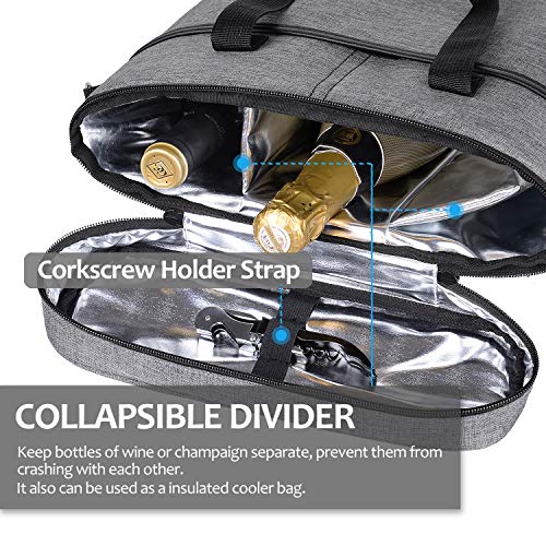 Tirrinia Insulated Wine Gift carrier - 3 Bottle Travel Wine Carry Cooler Tote Bag with Handle and Adjustable Shoulder Strap, Grey - color: Grey