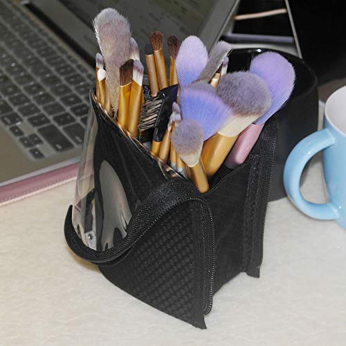 ANEMEL Black Travel Makeup Brush Holder, Organizer Bag Cosmetic Zipper Pouch Portable Dust-Free Stand-Up Toiletry Stationery