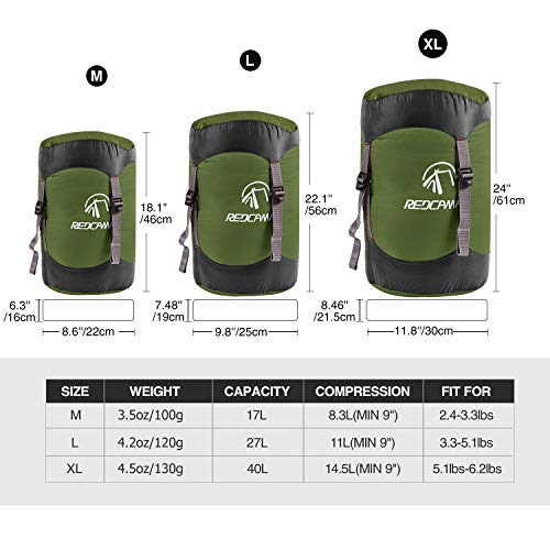 REDCAMP Nylon Compression Stuff Sack, 10L/17L/27L/40L Lightweight Sleeping Bag Compression Sack Great for Backpacking, Hiking and Camping,Blue/Yellow/Army Green/Black - color: Army Green, size: Medium