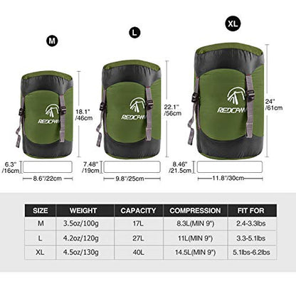 REDCAMP Nylon Compression Stuff Sack, 10L/17L/27L/40L Lightweight Sleeping Bag Compression Sack Great for Backpacking, Hiking and Camping,Blue/Yellow/Army Green/Black - color: Army Green, size: Large