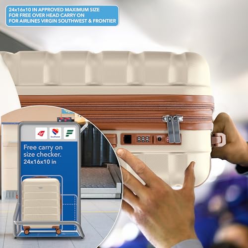 Flight Knight 24x16x10 Expandable Carry On Suitcase Hardside TSA Lock USB C Lightweight Luggage Silent Double Spinner Wheels Maximum Overhead Carry-On Bag For Virgin South West Approved Cream/Tan - color: Cream/Tan, size: 24x16x10"
