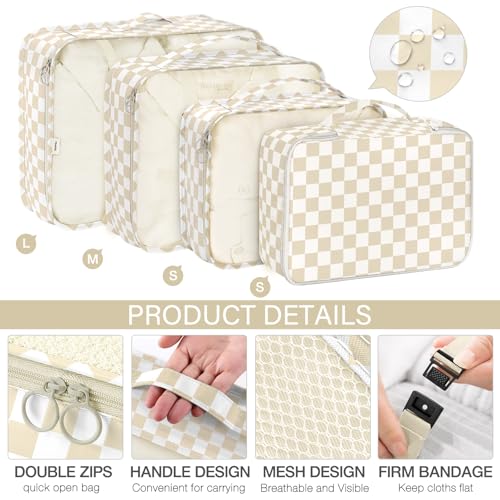 8 Set Packing Cubes for Travel, Luggage Packing Organizers Accessories Large Toiletries Bag for Clothes Shoes Cosmetics (Khaki Checkered) - color: 8Set-Khaki Checkered