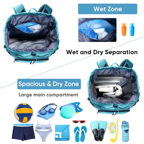 Large Beach Backpack Waterproof Sandproof - Customized Oversized Drawstring Pool Bag with Shoe Compartment for Toiletries, Towels, Gym, Travel - color: Teal