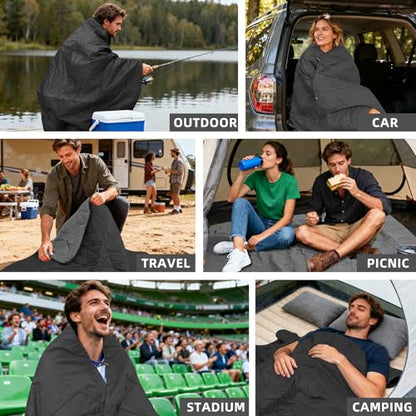 Large Outdoor Waterproof Blanket Extra Thick Fleece Stadium Blanket for Camping, Car, Pet, Picnics - Windproof, Wearable, Machine Washable 80" x 58" (Black Gray,Hooded) - color: Hooded-black Gray