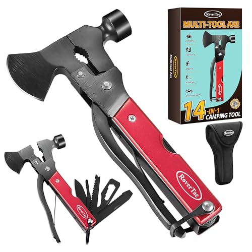 RoverTac 14-in-1 Multitool Camping Axe Hatchet – Essential Camping Gear with Knife, Hammer, Saw, Bottle Opener, Screwdriver – Multi Tool with Sheath – Gifts for Men, Dad, and Outdoor Adventures - color: Red