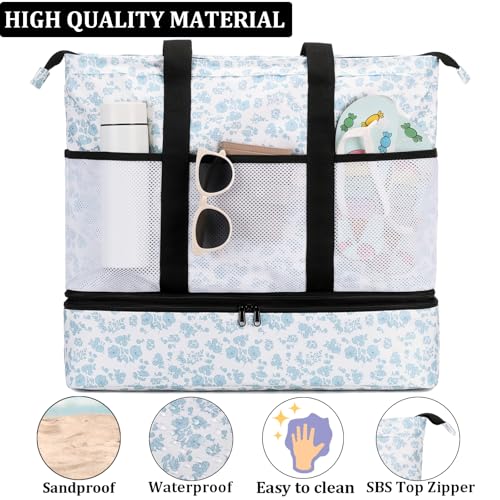 JIANYA Beach Bag Women Waterproof Sandproof Beach Tote Bags with Cooler Top Zipper Large Totes for Pool Travel Daily - color: Blue Flower