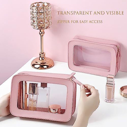 Clear and Waterproof Makeup Bag Portable Travel Cosmetic Case Organizer for Women Toiletry Pouch with Transparent Vinyl Windows & Zippers (Pink) - color: Pink