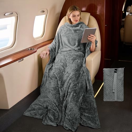 Tirrinia Travel Blanket and Pillow Set, Soft Compact Airplane Blanket with Foot Pockets, 4-in-1 Travel Essentials for Women Men, Portable Travel Gifts for Her, Travel Blanket for Airplanes, Cars - color: Grey Honeycomb