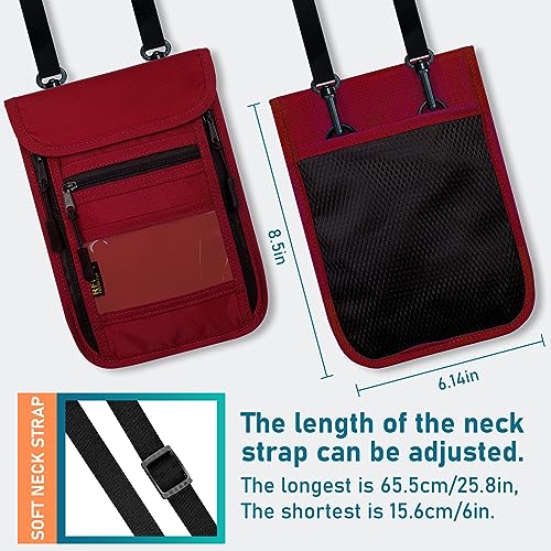 sundee Travel Neck Wallet with Double Zippers, RFID Blocking Passport Holder with Adjustable Neck Strap for Men and Women to Keep Cash, Credit Cards and Travel Documents Safe - Red - color: Red