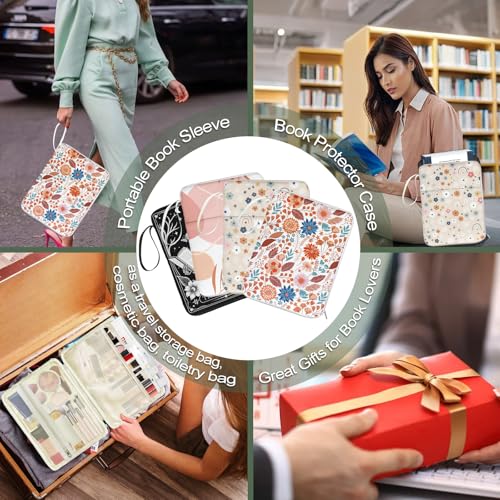 Rainbow Book Sleeve Pouch with Zipper, Paperback Book Protector Case,PU Leather Waterproof Book Pouch,Cute Floral Print Travel Book Carrying Case for Book Lovers Women,Book Cover for Hardcover