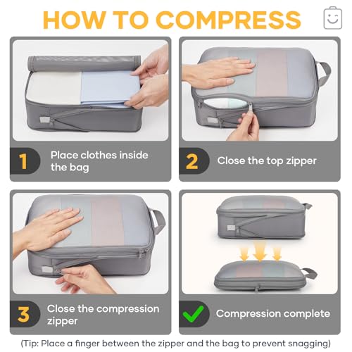 Veken 6/9/11 Set Compression Packing Cubes for Travel Essentials,Compressible Expandable Large Luggage Suitcase Organizer Bags for Clothing,Durable Space Saver Storage Bags(Gray) - color: Gray, size: 6 set