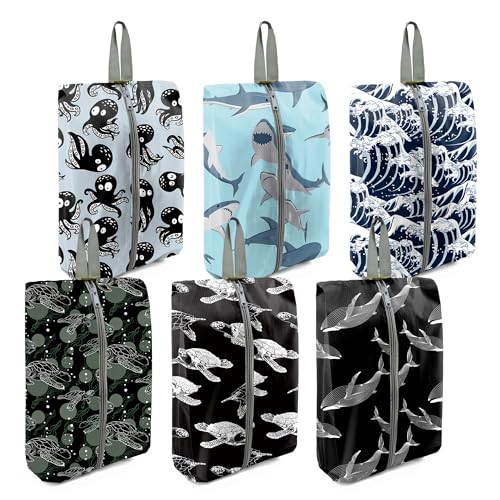 BeeGreen Ocean Shoe Bags 6 Pack for Travel with Handle as Packing Organizers for Suitcase and Luggage | Portable Nylon Storage Accessories for Vacations,Gym,Sport,Essential Gifts for Women and Men - style: Shoe Bag Animal 6-pack - Ocean Series
