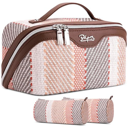 BOYATU Travel Makeup Bag Cosmetic Bag for Women: 3 Pcs Set Make up Bag with Compartments - Waterproof Vegan Leather Toiletry Bags with Handle - Makeup Organizer for Travel Essentials(C-5-Coffee) - color: C-5-Coffee