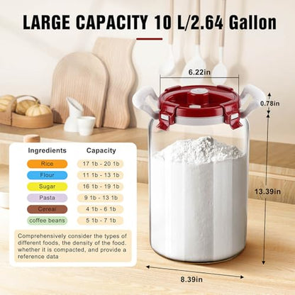 2.6 Gallon Glass Rice Storage Container with Airtight Lid & Handle, 10L Large Glass Food Storage Jar for 20 lb Rice or 10 lb Flour, Wide Mouth Pantry Canister with Silicone Base