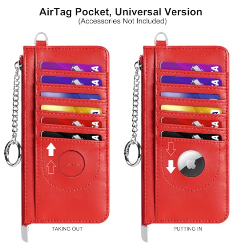 RFID Blocking Slim Credit Card Holder Wallet with Zipper Money Pocket & Keychain, Slim Airtag Wallet for Men Women - color: Cowhide Red