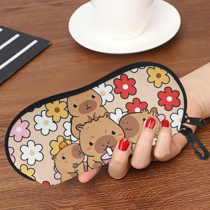 AFPANQZ Glasses Case with Carabiner Hanging Portable Neoprene Zipper Sunglasses Case Soft Lightweight - color: Capybara Hippie Flower