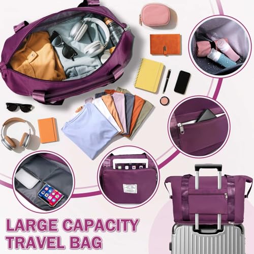 Ranslen Large Capacity Folding Travel Bag,Expansion Travel Duffel Bag with Dry and Wet Separation Portable Travel Duffel Bag - color: Fuchsia