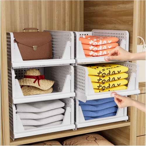 CTSNSLH 5 Pack Closet Organizers Storage Box, Closet Storage Stackable Storage Bins, Plastic Drawer Basket for Wardrobe Cupboard Kitchen Bathroom Office, White - size: 5 PACK-L
