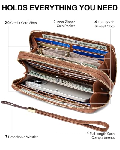 BOSTANTEN Wallets for Women Leather RFID Double Zipper Around Credit Card Holder Large Capacity Wristlet Clutch Wallet - color: Brown Cow Print