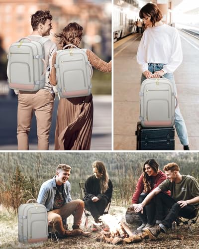 LOVEVOOK Large Travel Backpack For Women, 50L Carry On Backpack Flight Approved, TSA Personal Item Bag, Waterproof Laptop Backpack Fits 18 Inch Laptop, Business Weekender Overnight With 3 Cubes, Grey - color: Pink-grey, size: 50l-18 Inch-4pcs