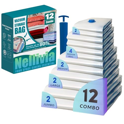 12 Pack Vacuum Storage Bags with Hand Pump, Compression Space Saver for Comforter, Bedding, Blanket Storage, Vacuum Seal Bags for Clothing, Travel Luggage Suitcase and Closet Organizer - size: 12 Combo