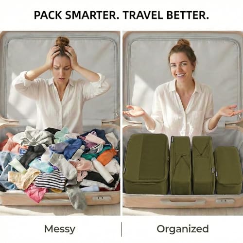 4 Piece Compression Packing Cubes for 3–7 Day Travel, Space Saving Travel Organizers with Breathable Mesh, Double-Zipper Packing Cubes for Carry-On & Suitcases (Green) - color: Green