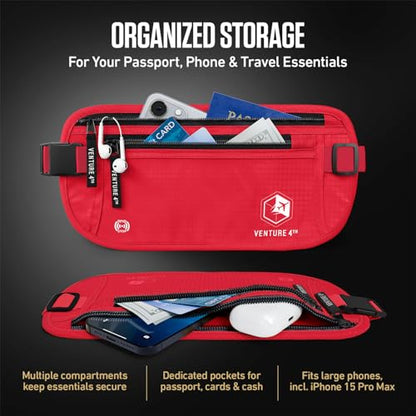 VENTURE 4TH Money Belt for Travel – Slim Hidden Under-Clothes RFID Blocking Anti-Theft Passport Holder & Travel Wallet Pouch for Men & Women to Protect Cash, Cards & Documents (Red) - color: Red