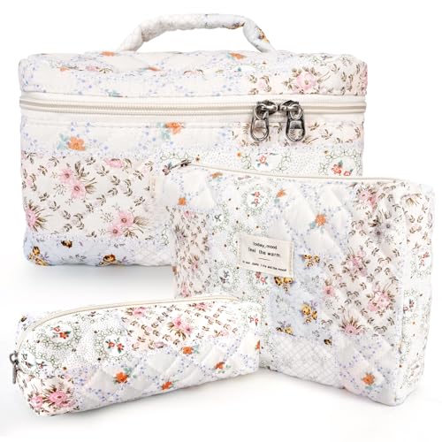 GISMTR 3Pcs Cotton Quilted Makeup Bag Large Travel Cosmetic Bag Coquette Makeup Pouch Cute Aesthetic Floral Toiletry Bag for Women Girls (flower-U) - color: flower-U