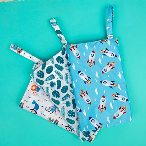 babygoal Wet Dry Bags for Baby Cloth Diapers, Washable Travel Bags, Beach, Pool, Gym Bag for Swimsuits & Wet Clothes with Two Zippered Pockets 3 Pack, 3LN12 - color: Monkey&Rocket&Leaves