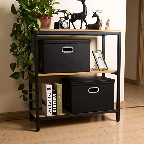 PRANDOM Large Foldable Storage Bins with Lids [3-Pack] Leather Fabric Collapsible Storage Boxes Organizer Containers Baskets Cube with Cover for Home Bedroom Closet Office Black(17.7x11.8x11.8) - color: Black, size: Large(3-Pack)