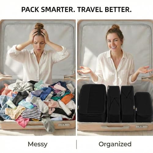 4 Piece Compression Packing Cubes for 3–7 Day Travel, Space Saving Travel Organizers with Breathable Mesh, Double-Zipper Packing Cubes for Carry-On & Suitcases (Black) - color: Black