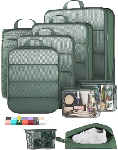 Veken 9/11 Set Compression Packing Cubes for Travel Essentials,Compressible Expandable Large Luggage Suitcase Organizer Bags for Clothing,Space Saver Bags with Over 1000 pcs of Mesh Holes(Dark Green) - color: Dark Green, size: 9 set