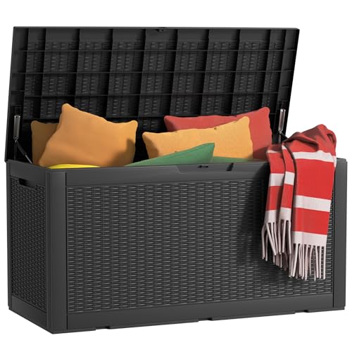 EasyUp 120 Gallon Outdoor Storage Box Waterproof, UV Resistant Resin Deck Box with Hydraulic Rod, Reinforced Stability for Patio, Garden, Rattan Black - color: Black, size: 120 Gallon